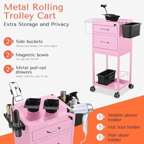 TASALON Wheeled Lockable Metal Salon Cart with Drawers & 2 Magnetic Bowls - Image 3
