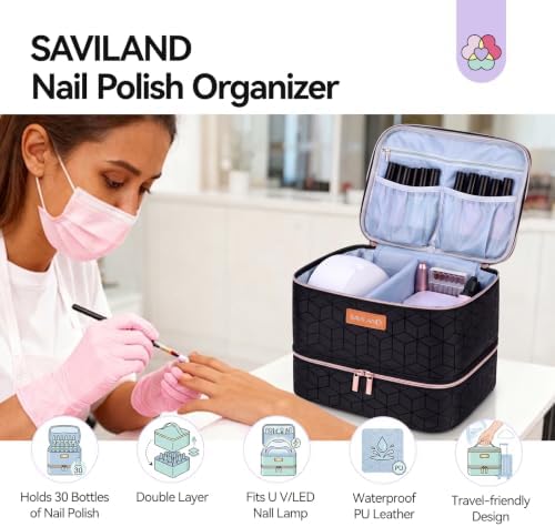 SAVILAND PU Leather Nail Polish Organizer Bag for Nail Tech, Black - Image 2