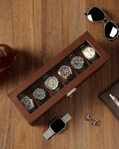 Watch Box for Men, 6 Slot Watch Case with Glass Lid Fits 48mm - Image 4