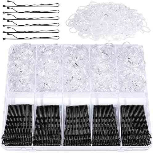 YGDZ 750PCS Bobby Pins Black Kit, 250 Hair Pins for Women, 2 Inch Wave Bobby Pins for Black Hair, 500 Clear Elastic Hair Ties, Bulk Hair Pin for Buns, Hair Accessories for Women, Kids, Girls by YGDZ