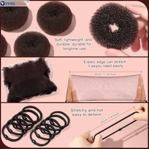 YINGFENG 134 Pcs Brown Hair Bun Maker Kit for Kids Small - 4 Hair Donuts for Buns, 20 Hair Nets for Buns, 100 U Shaped Bobby Pins, 10 Hair Bands, for Girls, Ballet Dance, Hair Accessories for Women - Image 6