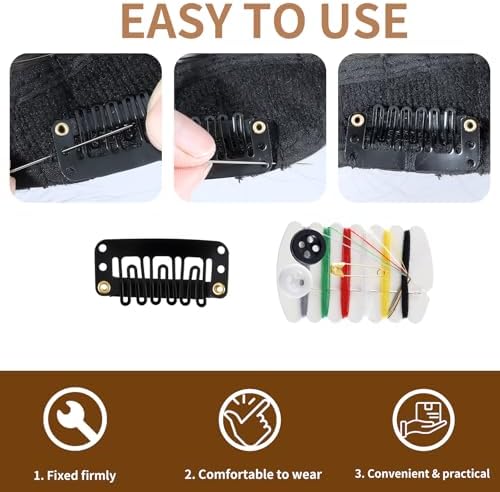 30 Pieces Wig Clips to Secure, Flat Hair Clip, Hair Extension Clip with Thread Kit, Hair Extensions Clip for Women, Bangs Hair Clip DIY Set for Kids and Pets, Black Chunni Clips - Image 3