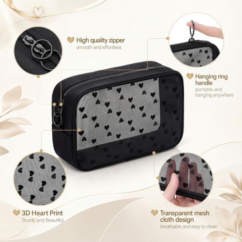 Weewooday 4Pcs Mesh Makeup Bag, Black Heart, Large&medium&small, Heart - Image 3