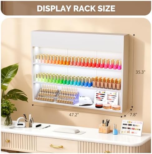 OmySalon Wall Mounted Display Rack, 47.6-Inch 3-Tier LED Nail Polish Organizer Shelf with USB Touch Control, for Nail Salon, Spa, Beauty Studio Storage, Wooden Retail Display (White) - Image 3