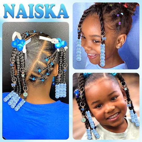 NAISKA 50PCS Blue Beads for Hair Flower Loc Jewelry 5 Styles Hair Charms Heart Butterfly Dreadlock Jewelry Braids Clips Lovely Loc Accessories for Kids Girls - Image 7