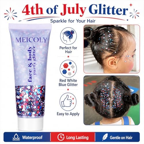 MEICOLY 250th Red White and Blue Patriotic Face Glitter,Fourth of July Star Hair Glitter,4th of July Outfits for Women,USA Flag Body Glitter for Independence Day Veterans Day - Image 3