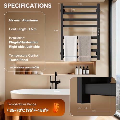 Electric Towel Warmer Wall Mounted, Heated Towel Rack with Intelligent Timer & Temperature Control, Plug-in or Hardwired, Left/Right Compatible, 27 Inch, Black - Image 5