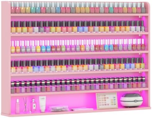 Wood Nail Polish Rack Display, 6 Tiers Nail Polish Wall Organizer, Pink by Kikihouse