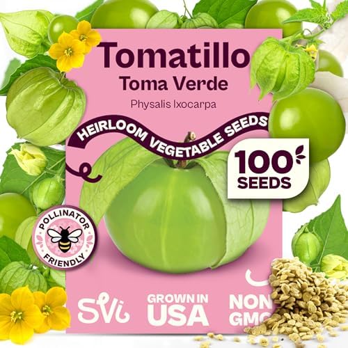 SVI 100 Toma Verde Tomatillo Seeds for Planting (Physalis ixocarpa) – Mexican Tomatillo Salsa Verde Favorite, Prolific 2–4oz Tomatillos – Heirloom Vegetable Seeds for Outdoor & Indoor Garden by SVI