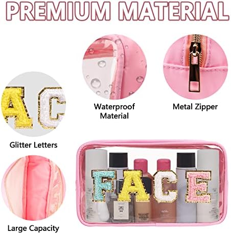 Iqimott Clear Patch Makeup Bag Face Pouch, Preppy Personalized Chenille Letter Cosmetic Pouch for Travel, Nylon Waterproof Organizer Travel Essentials Zipper Toiletry Bags for Women Girls(Pink) - Image 3
