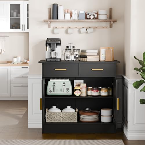 Buffet Cabinet with Storage - Buffets & Sideboards Kitchen Storage Cabinet, Wood Console Table Coffee Bar Accent Cabinets for Living Room Dining Room Entryway Small 2 Doors & Drawers, Black 35.4"W - Image 5