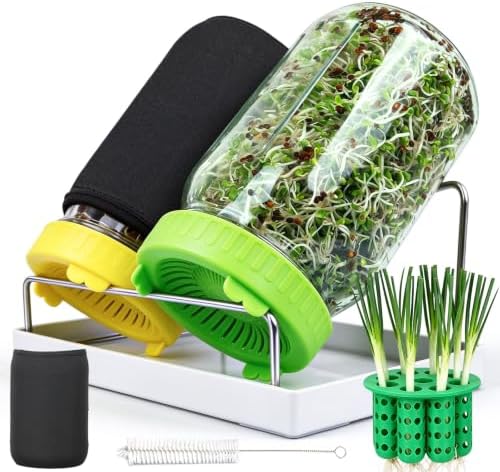 Seed Sprouting Kit & Green Onion Regrower, 2×32 Oz Wide-Mouth Mason Jars, Sprouter Lids, Stainless Steel Stand, Sprout Tray & Light Shield, Ideal for Sprouts, Broccoli, Alfalfa & Microgreens by HOME