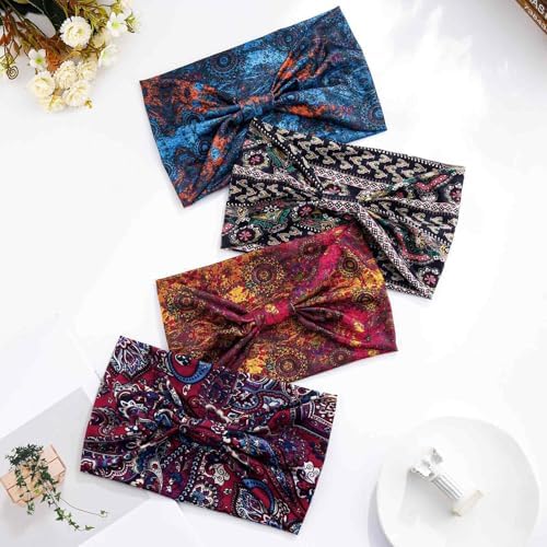 Olbye Wide Boho Headbands Floral Stretch Head Wraps Bohemian African Turban Hairbands Knotted Bandana Headband Yoga Running Head Scarfs Workout Hair Accessories for Women 4Pcs (Boho, 9.4 * 5.9'') - Image 7