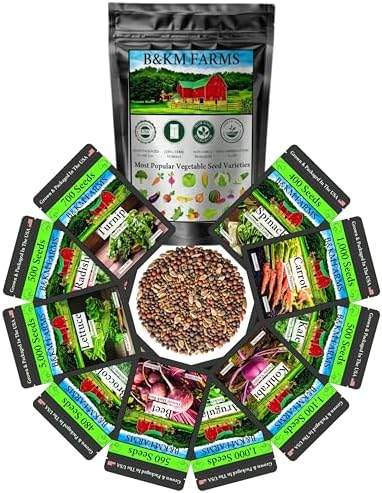 B&KM Farms Vegetable Seed Collection - 10 Varieties, 10,000+ Heirloom Non-GMO Seeds, Resealable Storage Packaging (10 Pack: The Essential Greens Collection) by BKMFarms