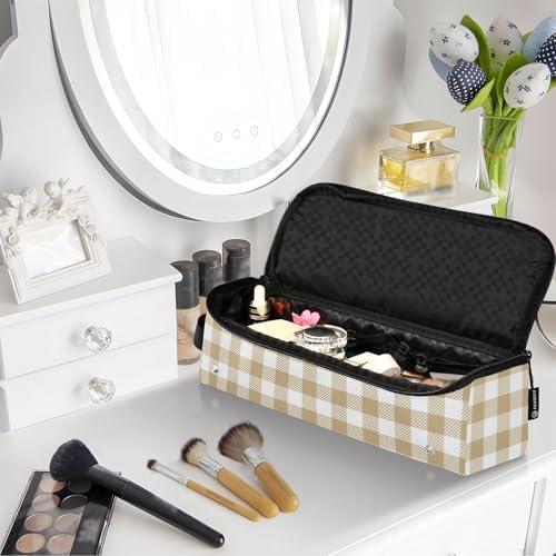 Khaki Buffalo Plaid Check Hair Tools Travel Bag Carrying Case Portable Travel Organizer Pouch with Heat Resistant Mat for Flat Irons Curling Iron Hair Dryer - Image 7