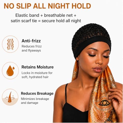 2 in 1 Wrap Cap Hair Net and Scarf for Silk Press, Satin Wrap Cap Bonnet for Women, Adjustable Stay-On Sleep Hair Net Scarf for All Hair Types - Image 3