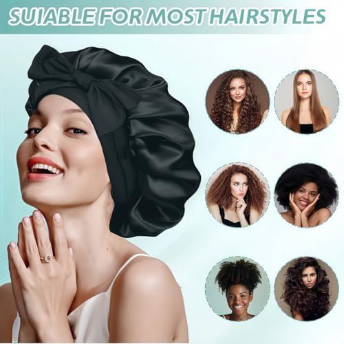 Silk Bonnet for Sleeping Women, Ajustable Hair Bonnet for Curly Hairs Satin Bonnet Reduce Friction Prevent Frizz Black，Large - Image 6