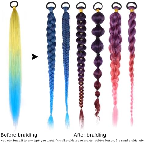 Ponytail Extension with Hair Tie 26'' Yellow Blue Gradient Braid Ponytail - Image 5