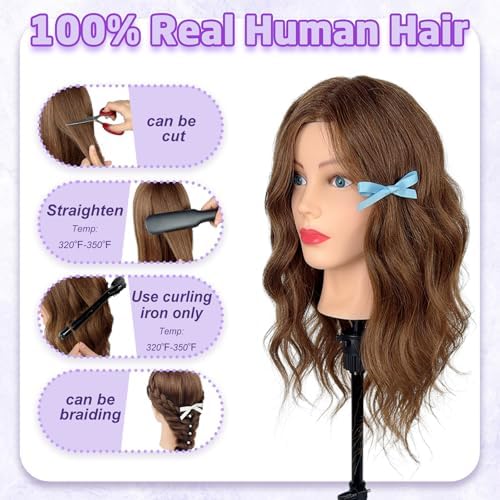 Mannequin Head Human Hair - Cosmetology Manikin Doll Head with 100% Real Hair for Hairdresser Practice Styling Braiding & Free Clamp Holder (Dark Brown) - Image 2