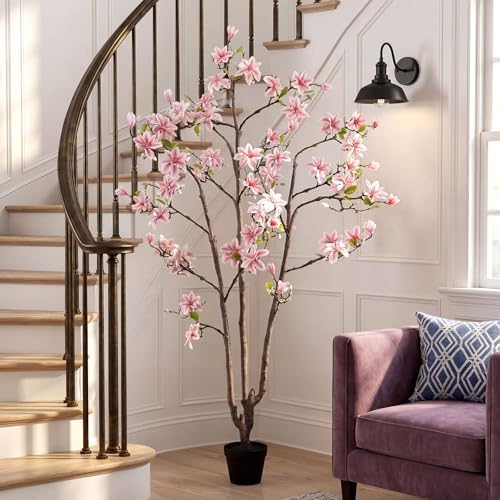 Giegxin 6 FT Tall Artificial Magnolia Tree, 72 Inches Faux Magnolia Trees Realistic UV-Resistant Flower Leaves Plant with Pot for Patio Home Office Wedding Living Room Indoor Outdoor Decor(Deep Pink) by Giegxin