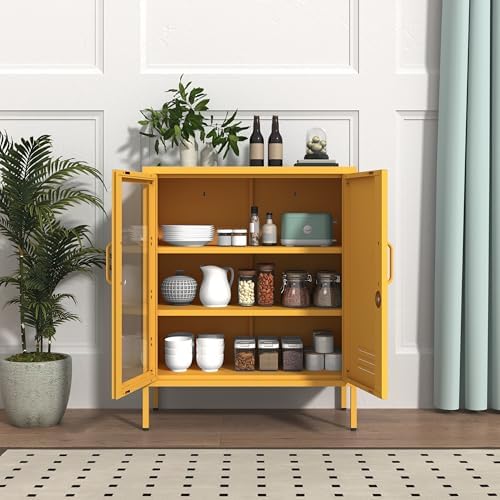 Yellow Food Storage Cabinet with Lock, 2-Door Steel Cabinet, 2 Adjustable Shelves, Metal Pantry Locker Freestanding Kitchen Storage Locker for Dining Room Living Room Size:33" H X 29.5" W X 13.8" D - Image 6