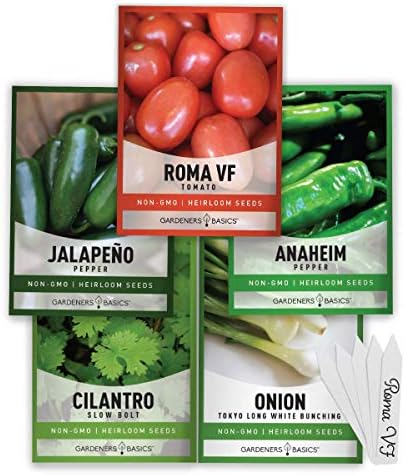 Gardeners Basics, Heirloom Salsa Growing Seed Packets, Roma VF Tomato, Jalapeno, Cilantro, Anaheim and Onion Seeds for Garden Non GMO 5 Free Plant Markers by GardenersBasics