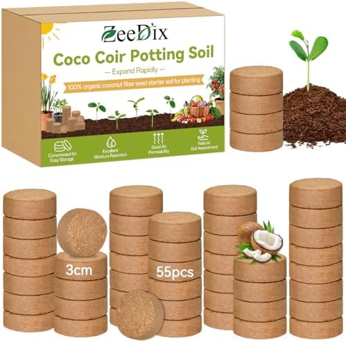 ZeeDix 55 Pack 30mm Organic Coco Coir Pellets Seed Starter Soil by ZeeDix