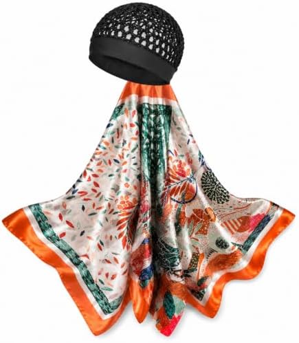 2 in 1 Wrap Cap Hair Net and Scarf for Silk Press, Satin Wrap Cap Bonnet for Women, Adjustable Stay-On Sleep Hair Net Scarf for All Hair Types (Orange, One Size) by BQSAR