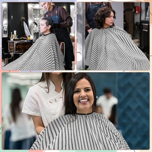 Professional Hair Cutting Cape with Neck Duster Brush, Large Size Salon Barber Cape for Men, Women and Kids(White with Five-line Stripe) - Image 4