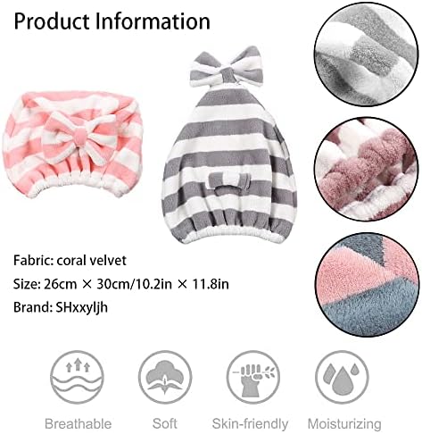 Large Microfiber Hair Towel Cap,Rapid Drying Towel For Hair,Ultra Soft Super Absorbent Hair Drying Towel Turban,Cute Gray&Pink Bow Hair Towel Wrap,Hair Drying Towels For Women Fast Dry(2pack) - Image 2