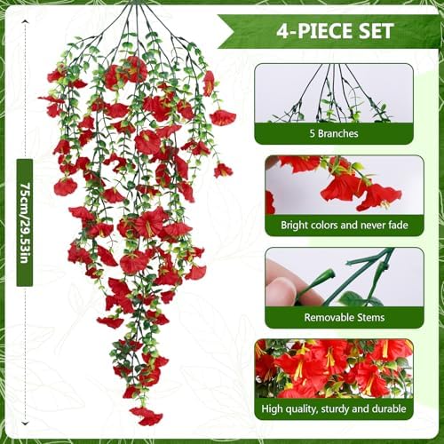 4-Pack Fake Hanging Plants, Faux Hanging Plant Artificial Greenery for Living Room Bedroom Boho Wall Shelf Indoor Outdoor Decor (Red Morning Glory) - Image 3