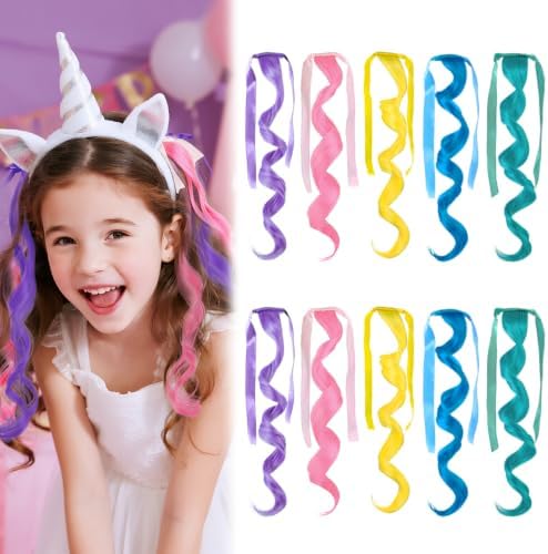 Rainbow Curly Hair Extensions with Ribbon for Halloween, 10 PCS by Z-CHARMMY