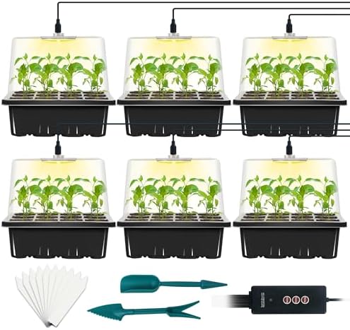 6-Set Seed Starter Tray with Grow Light, Seed Starting Trays Kits with Timing Controller Adjustable Humidity Domes Heightened Lids(12-Cells Per Tray) by LYDTICK
