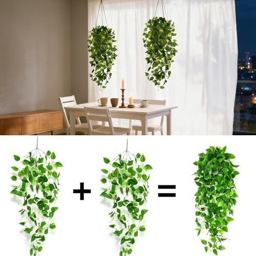Fake Hanging Plants Artificial Hanging Plant for Indoor Outdoor Faux Pothos Vines Greenery Garlands for Wall Home Aesthetic Patio Kitchen Living Room Farmhouse Shelf Office Decor (No Baskets) (3 PACK) - Image 5