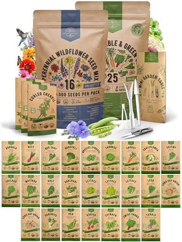 16 Perennial Wildflower & 25 Winter Vegetable & Greens Seeds Variety Pack Bundle, 127,675+ Non-GMO Heirloom Garden Seeds for Planting Vegetable & Flowers for Indoor & Outdoor Gardening by OrganoRepublic