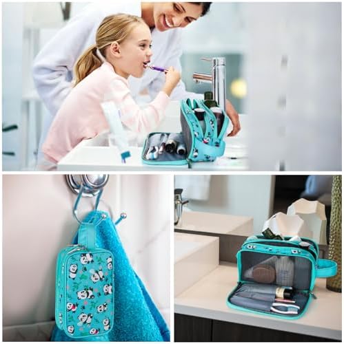 Kids Toiletry Bag for Girls, Travel Toiletry Bag for Little Young Girls Cosmetic Bag Makeup Bag Waterproof Hanging Wash Bag Toddler Toiletries, Panda Green Teal - Image 6