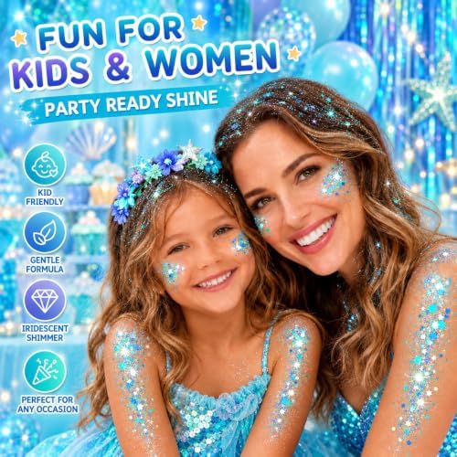 Iridescent Blue Hair Face Glitter Stick,Waterproof Mermaid Light Blue Body Glitter Stick,Spirit Day Accessories for Football Game Day,Halloween Festival Rave Concert Carnival Party Makeup - Image 6