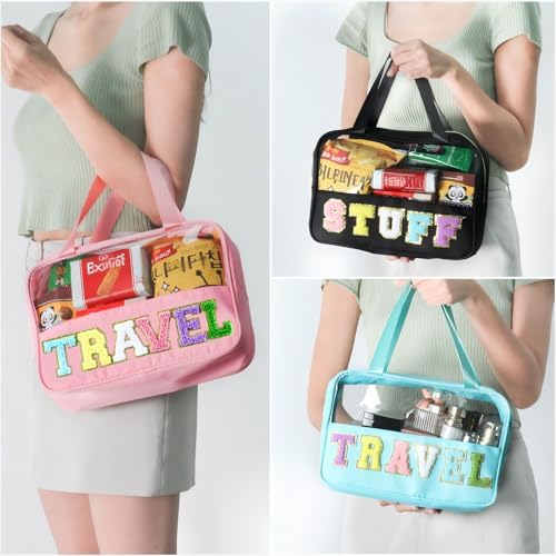 BuyCard Chenille Letter Patch Clear Travel Bags, Preppy PVC&Nylon Makeup Bag with Handle and Zipper, Waterproof Large Clear Travel Toiletry Bag Storage Bag for Women Girls(Pink) - Image 6