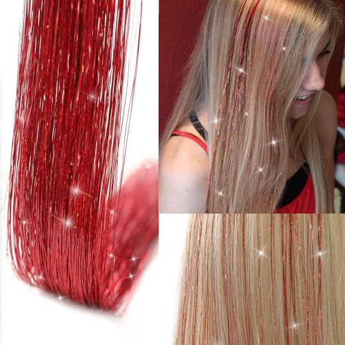 Red Hair Tinsel 12Pcs Clip in Hair Tinsel Kit 20.5 Inch Fairy Hair Tinsel Kit Heat Resistant Hair Accessories Glitter Hair Extensions for Christmas Halloween Cosplay Party - Image 2