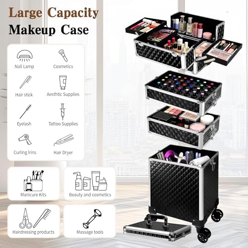 5 in 1 Rolling Makeup Train Case Professional Cosmetic Trolley Large Storage Organizer on Wheels for Hairstylist Artist Nail Beauty Salon Barber Black - Image 2