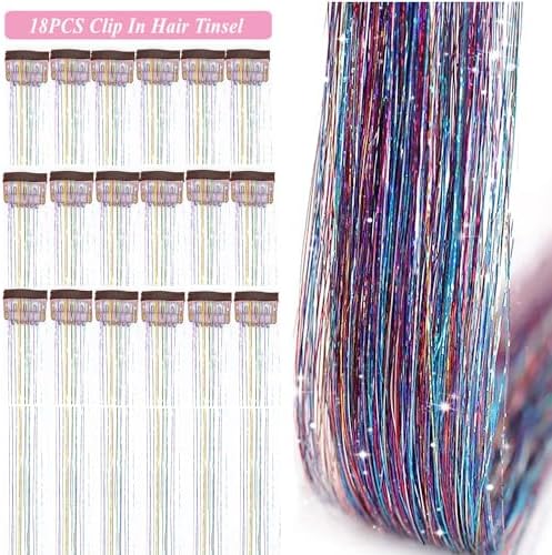 ZYXQZYX Hair Tinsel Kit Pack of 18 Pcs Hair Tinsel Clip in 19.6Inch Glitter Tinsel Hair Extensions Heat Resistant Clip in Hair Tinsel Sparkle Fairy Hair Accessories for Kids Girls Women (Colorful) - Image 2