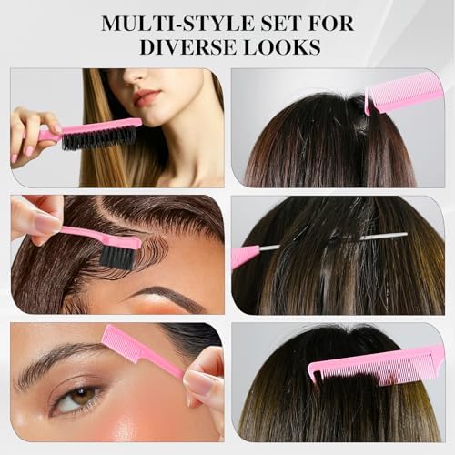 4Pcs Boar Bristle Slick Back Hair Brush Set, Soft Bristle Tames Flyaways, Frizz Shine, Gentle on Fine Hair & Scalp, with Rat Tail Comb & Edge Control for Sleek Ponytails, Buns, Teasing, Women Men Kids - Image 7