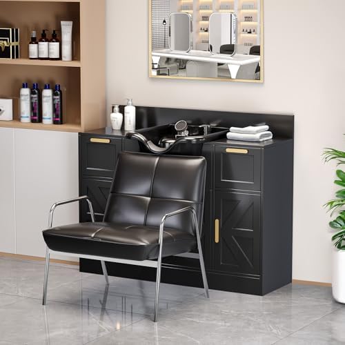 OmySalon Salon Station, Barber Station for Hair Stylist, Storage Cabinet with Shampoo Bowl, Drawer, Backwash Sink, UPC Certified Sprayer Faucet, for Beauty Salon Spa, Black - Image 2