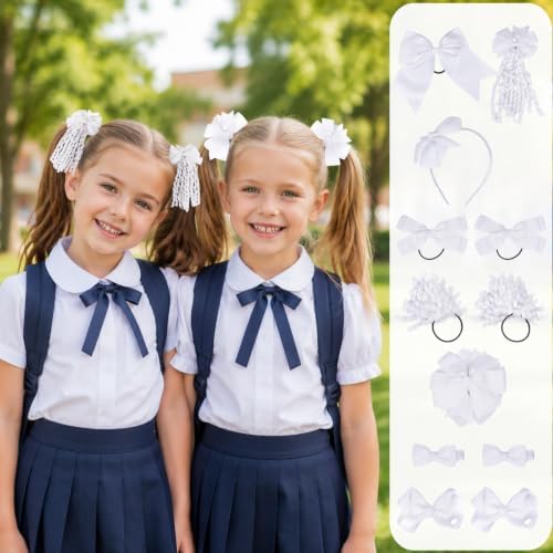 baotongle 12 Pcs School Hair Accessories Set School Bows for Girls Bow(White) - Image 5
