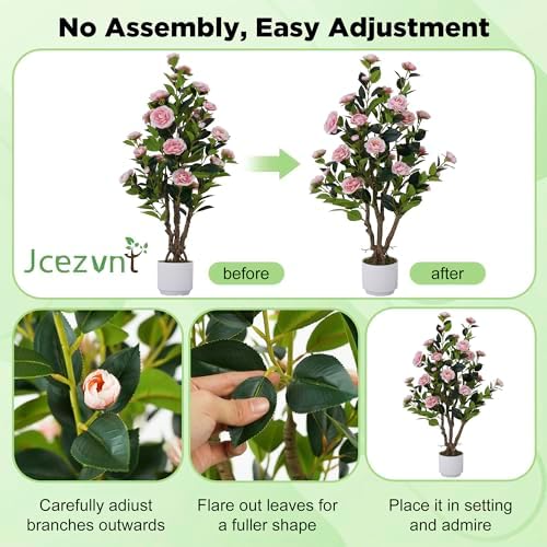 2 Pack Artificial Camellia Tree with White Pot, 38" Faux Potted Plants for Indoor Outdoor Decor, Tall Silk Greenery Plant for Home Offce Living Room Balcony, Pink - Image 6