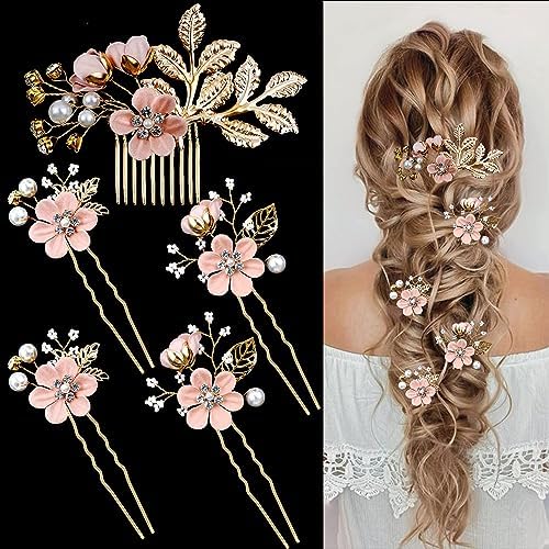 5 PCS Bridal Flower Wedding Hair Pins Crystal Pearl Hair Clips Headpiece Gold Wedding Hair Accessories Jewelry with Rhinestone for Brides Bridesmaids Women Girls Updo(Cherry Blossoms Pink) by LAPOHI