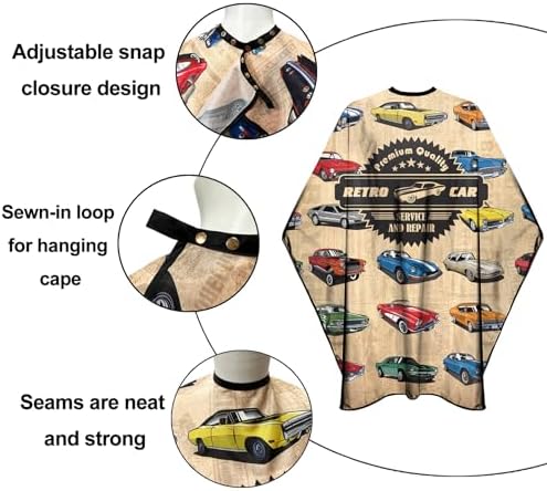 Barber Cape for Men Professional Hair Cutting Salon Cape with Snaps Waterproof Hairdressing Styling Cape Gown Apron- 63”× 56”(Vintage Cars) - Image 4