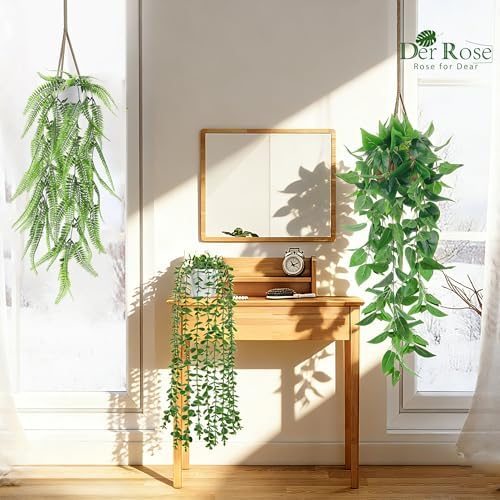 Der Rose 4Pcs Fake Hanging Plants with White Pots for Bright Shelf Decor - Image 2
