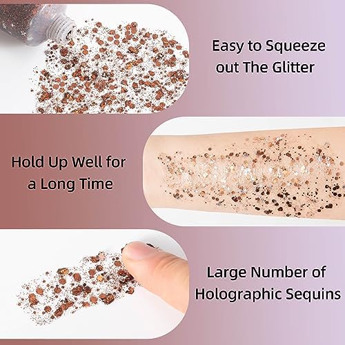 MEICOLY Brown Body Glitter,Deer Maroon Face Glitter Gel,Holographic Mermaid Sequins Halloween Glitter Face Paint,Self-Adhesive Chunky Glitter for Face Body Hair,Glitter Makeup for Women and Kids - Image 3