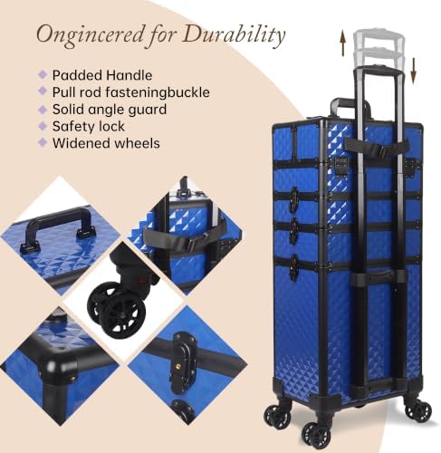 5 in 1 Rolling Makeup Train Case Professional Cosmetic Trolley Large Storage Organizer on Wheels for Hairstylist Artist Nail Beauty Salon Barber Blue - Image 4
